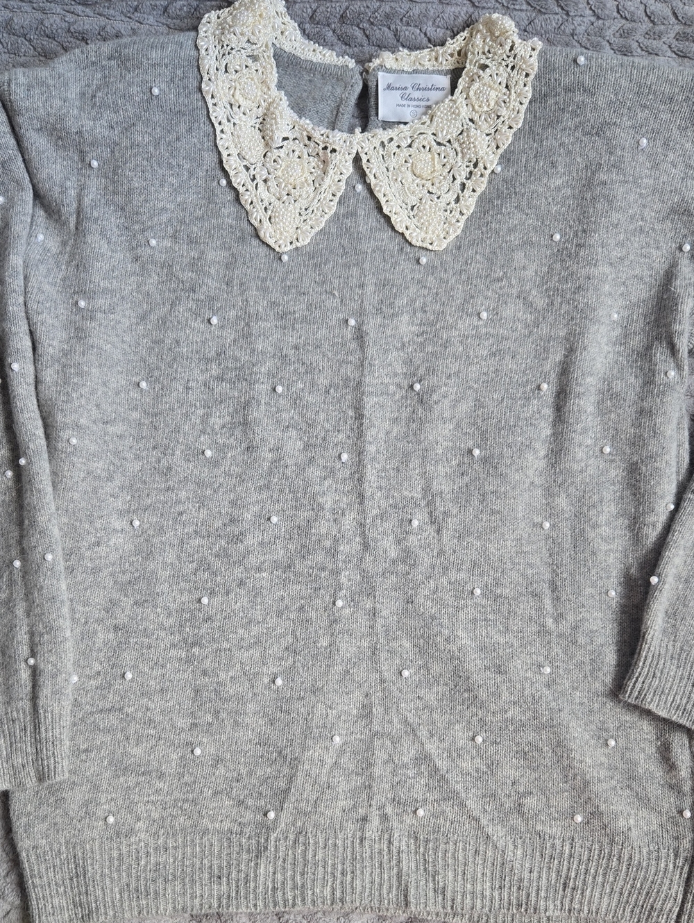 VTG Marisa Christina Gray Pearl-Embellished Sweater with Crochet Collar